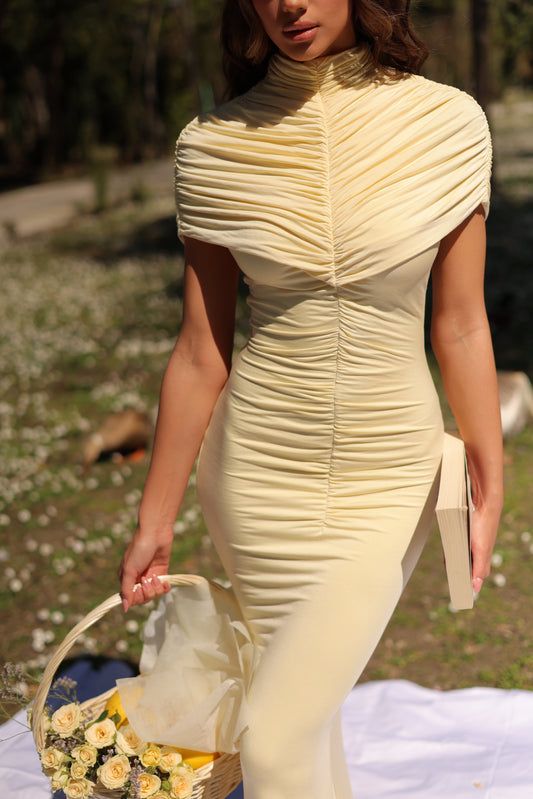 Carolina Maxi Ruched Dress in Butter