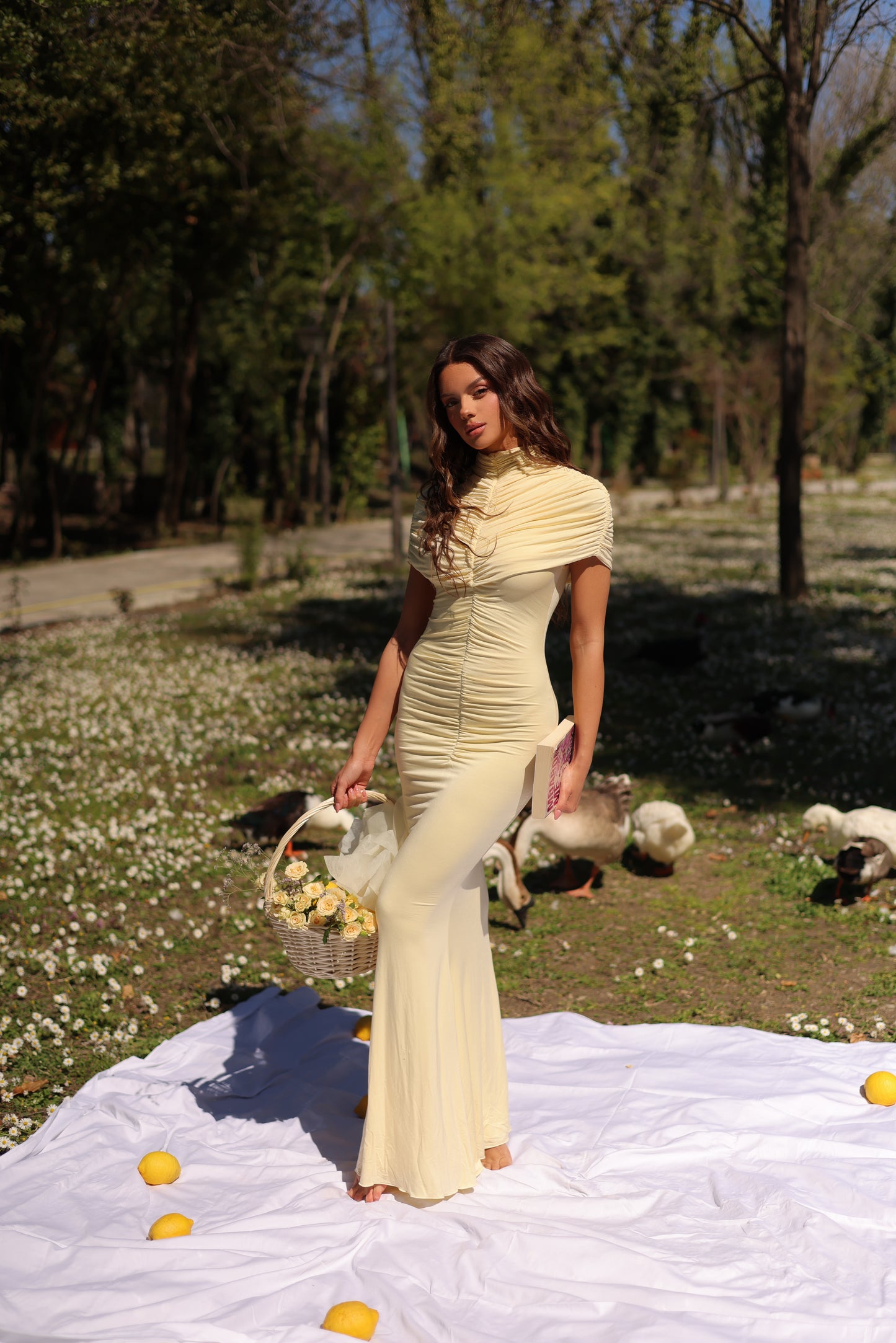 Carolina Maxi Ruched Dress in Butter
