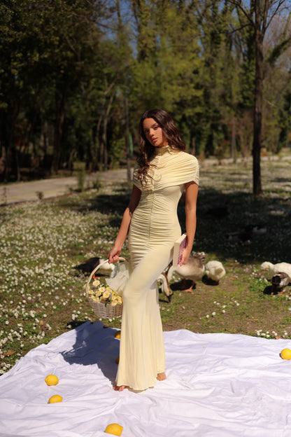 Carolina Maxi Ruched Dress in Butter