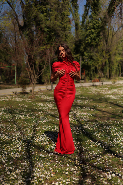 Carolina Maxi Ruched Dress in Red
