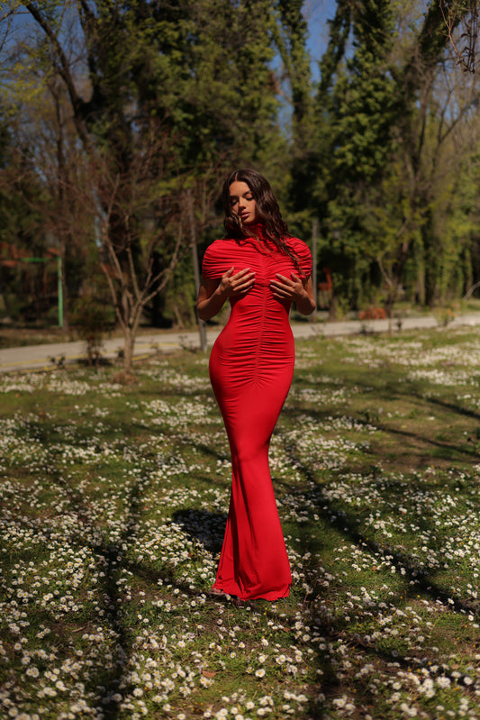 Carolina Maxi Ruched Dress in Red