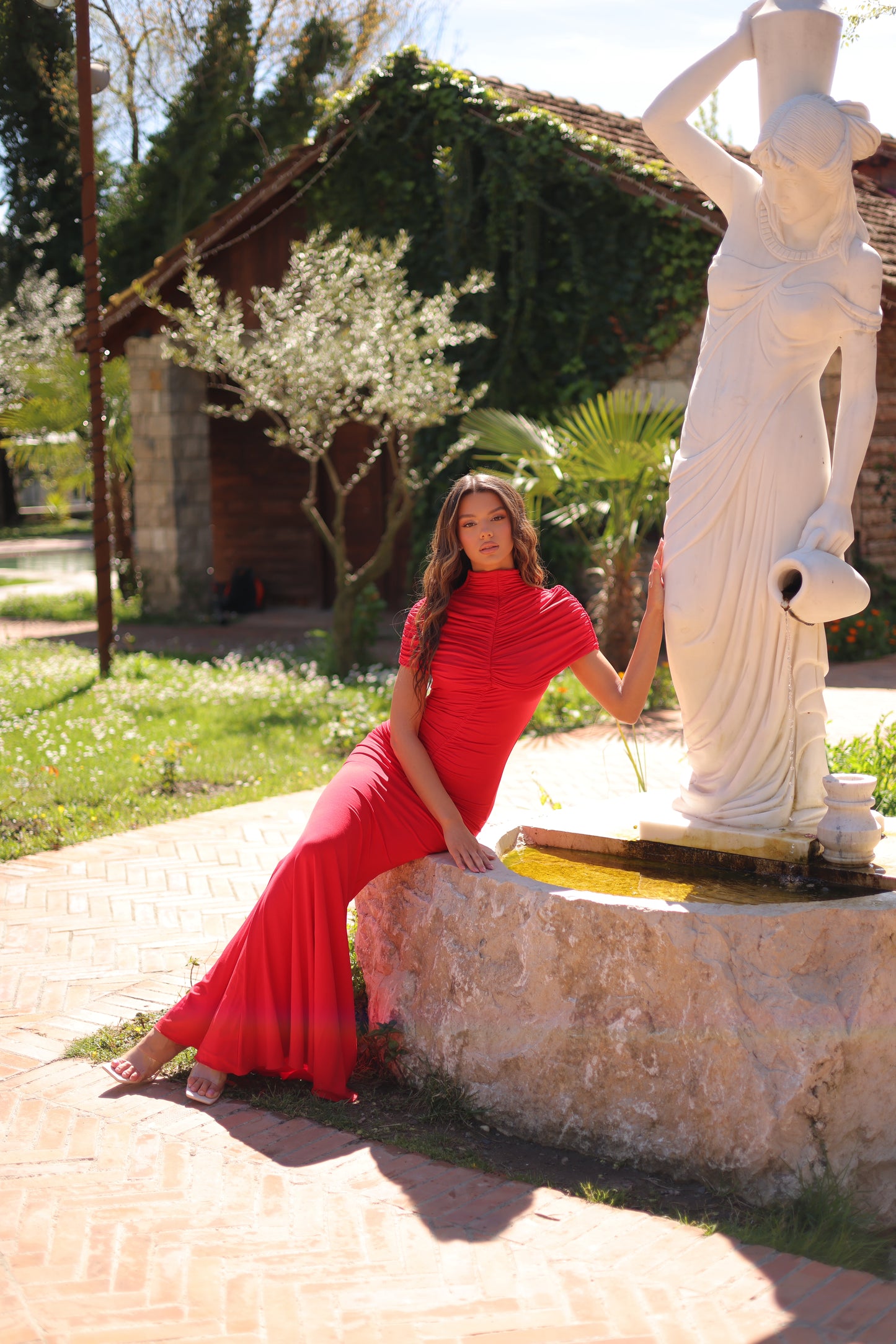 Carolina Maxi Ruched Dress in Red